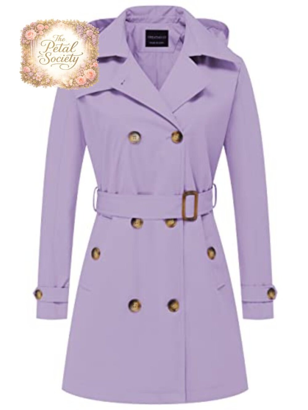 Women's Trench Coat Double-Breasted Slim Fit Belted Overcoat Detachable Hood